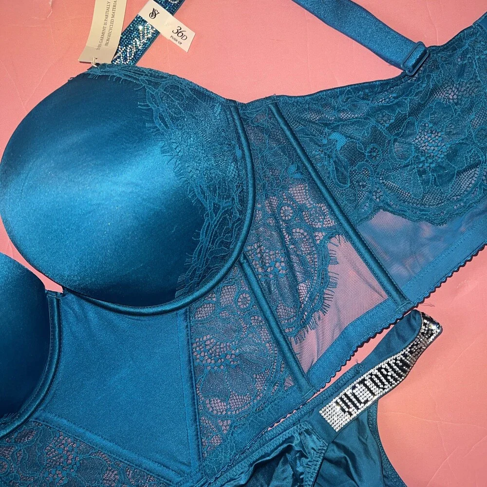 Victoria's Secret 34B,34DD,36C,36D,38DD CORSET TOP BRA SET BLUE TEAL SHINE STRAP